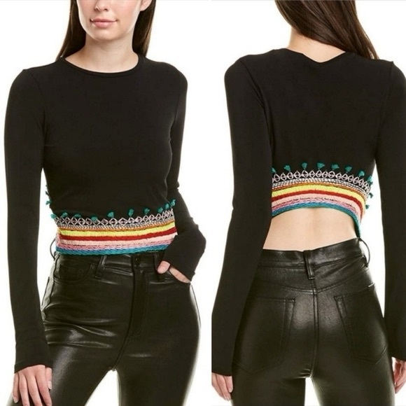 Alice + Olivia Tops - Alice + Olivia Delaina Black Top with Colorful Embroidery